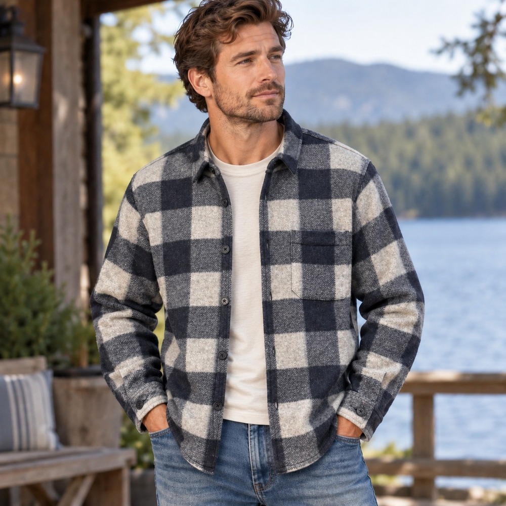 Banana Republic Shirt Jacket Mens XL Navy Grey Excellent Plaid Buffalo Flannel
